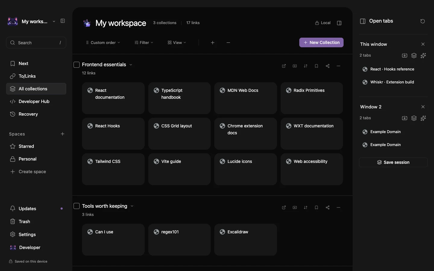 Actual Whiskr new-tab workspace with developer bookmarks grouped into collections