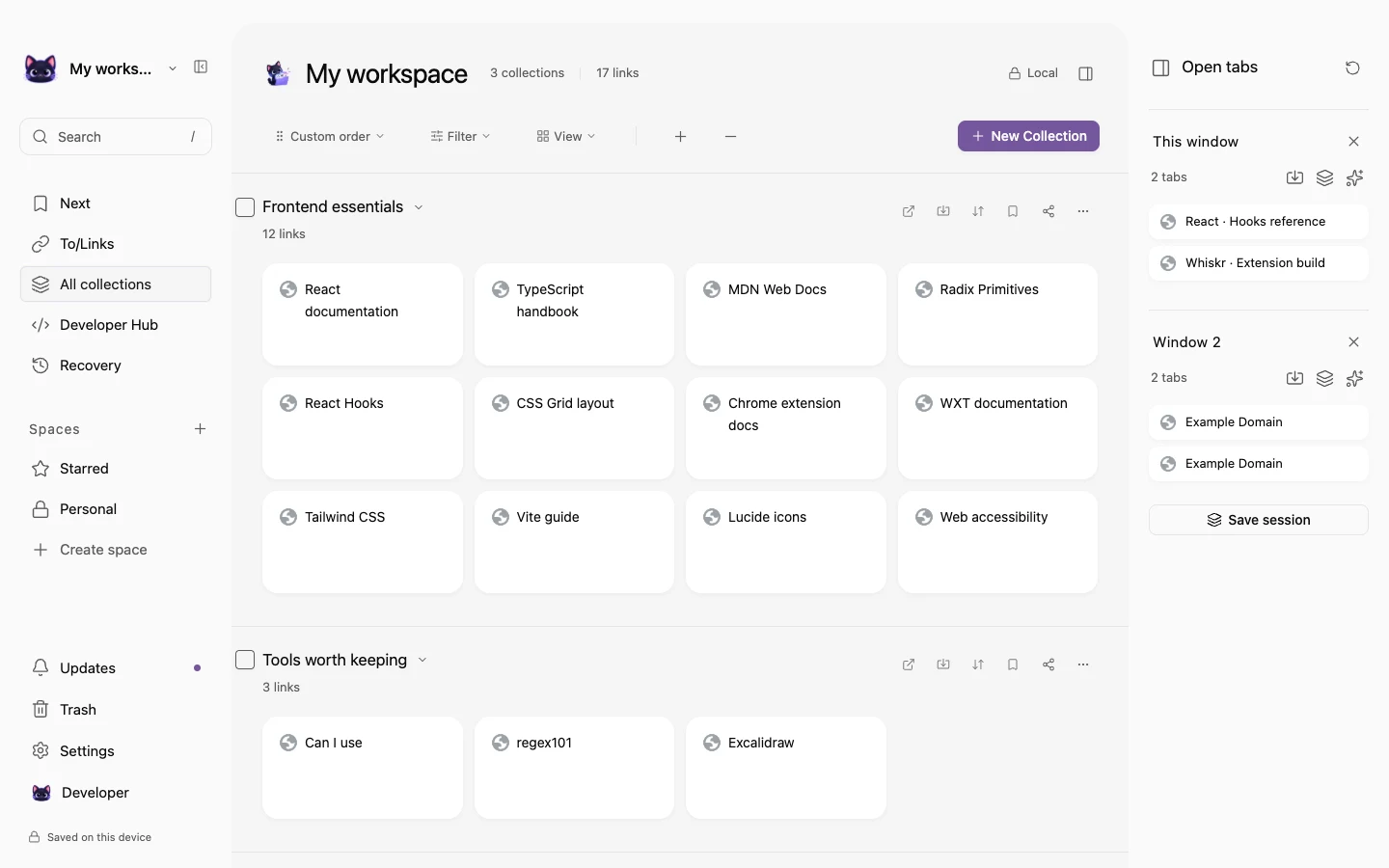 Actual Whiskr new-tab workspace with developer bookmarks grouped into collections