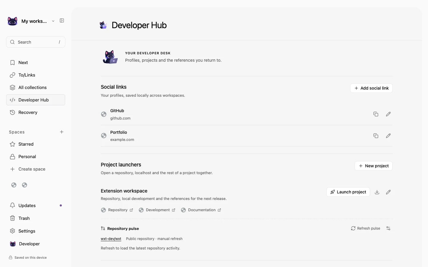 Whiskr Developer Hub with example content