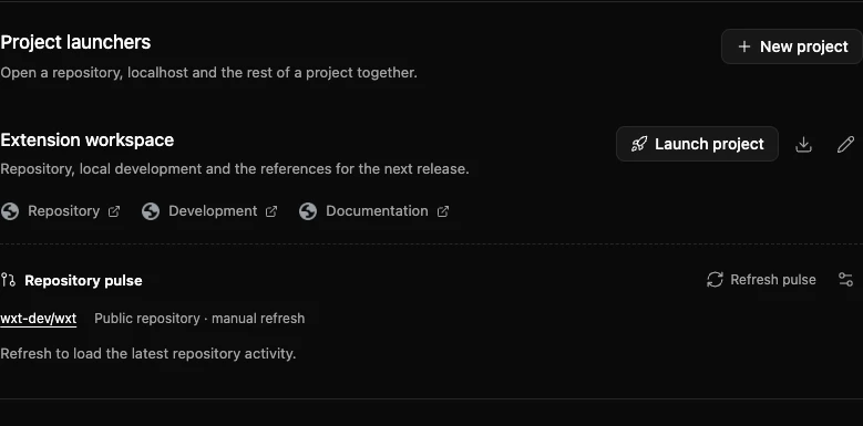 Actual Whiskr project launcher with repository, development and documentation links and configured public Repository pulse