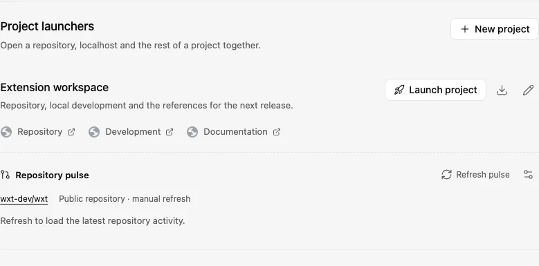 Actual Whiskr project launcher with repository, development and documentation links and configured public Repository pulse